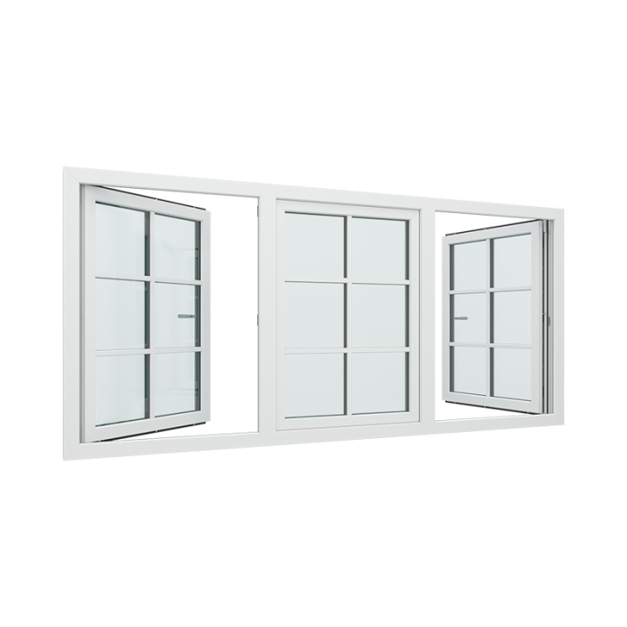 3-Teiliges Dreh-kipp und Festverglasung mit Rahmen in der Mitte mit 2x3 Glasflächen